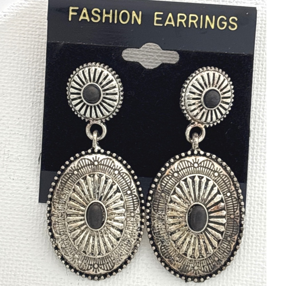 Earrings Silver Tone Black Faux Onyx Push Back Boho Western Style New